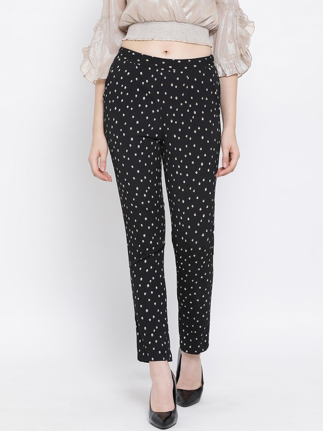 oxolloxo women black regular fit printed trousers