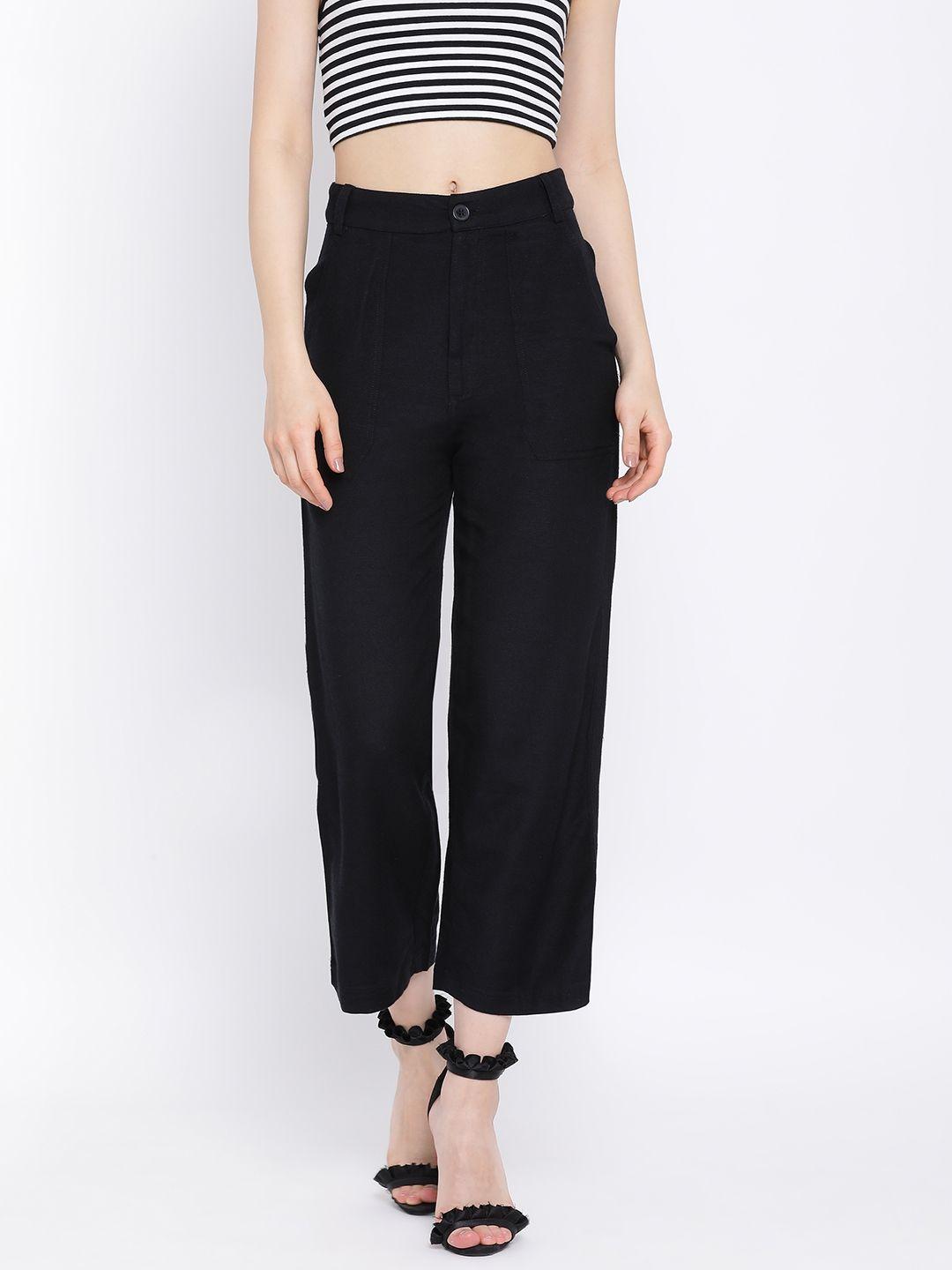 oxolloxo women black regular fit solid cropped trousers