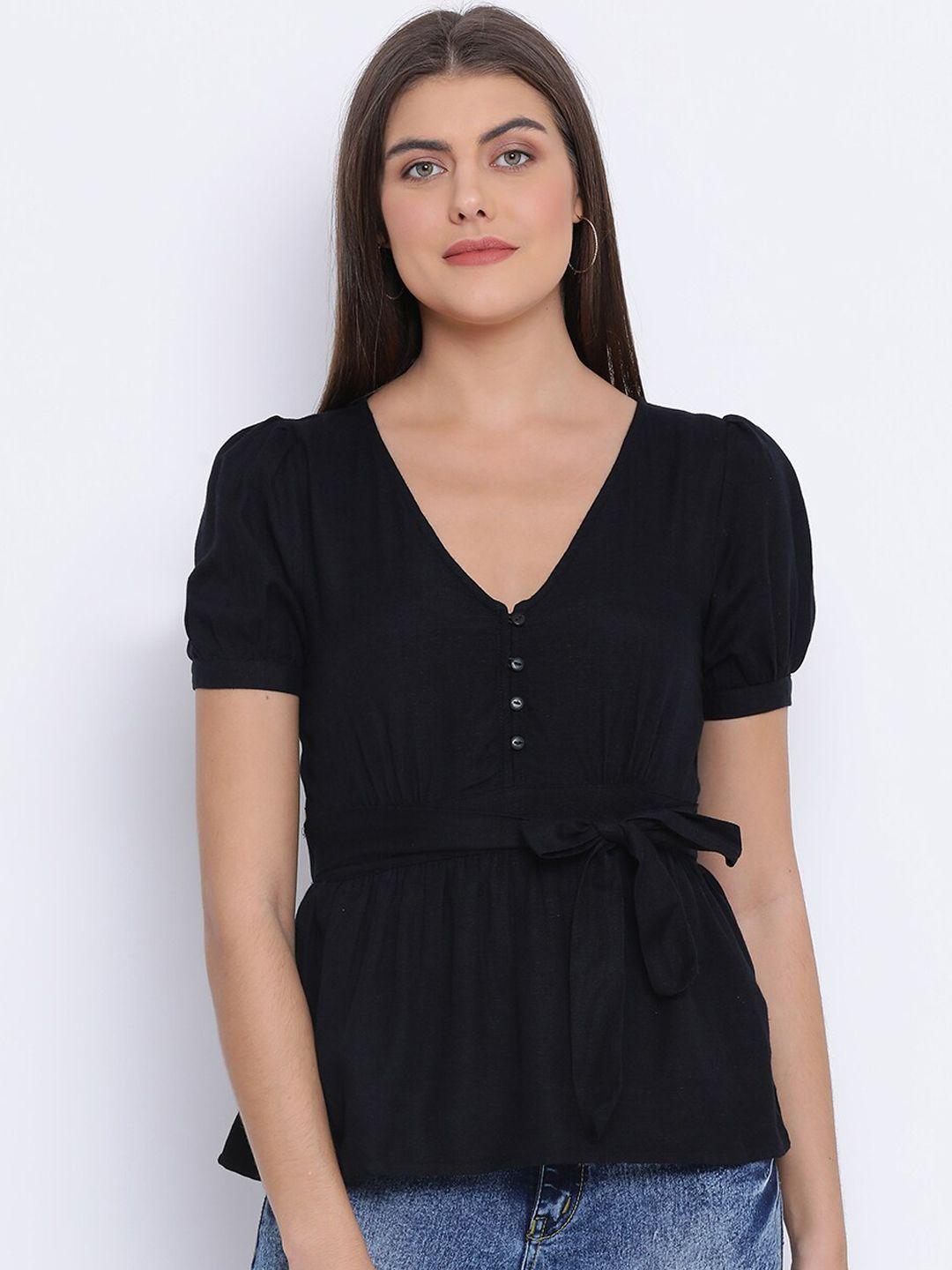 oxolloxo women black solid cinched waist top