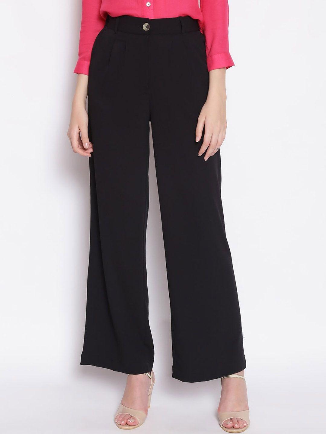 oxolloxo women black solid pleated parallel trousers