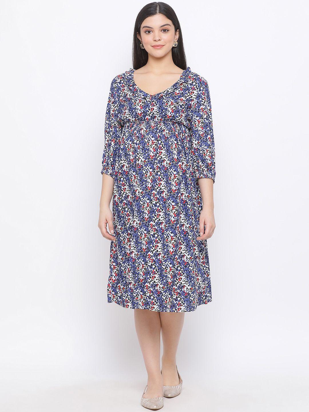 oxolloxo women blue & off-white printed a-line maternity dress
