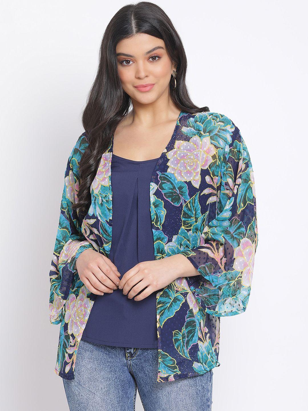 oxolloxo women blue & pink printed open front shrug