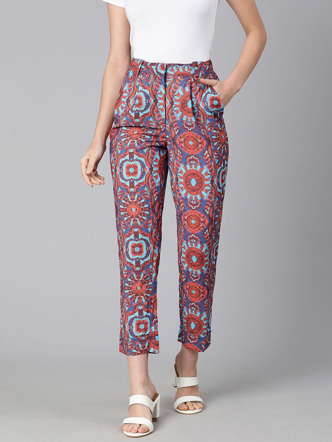 oxolloxo women blue & red abstract printed slim fit trousers