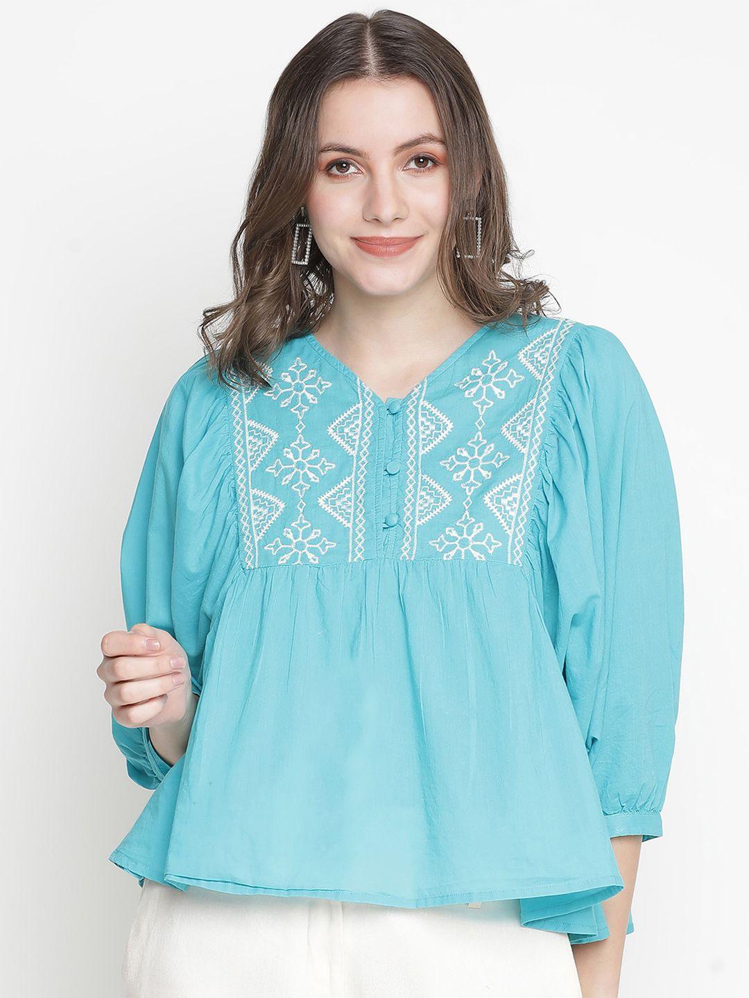 oxolloxo women blue & white embroidered top