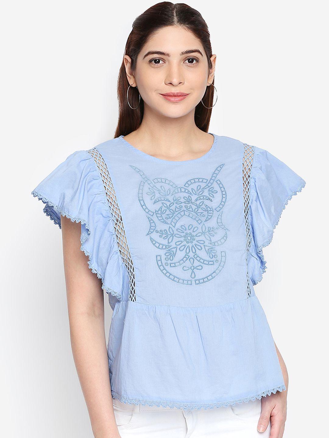 oxolloxo women blue embroidered pure cotton top