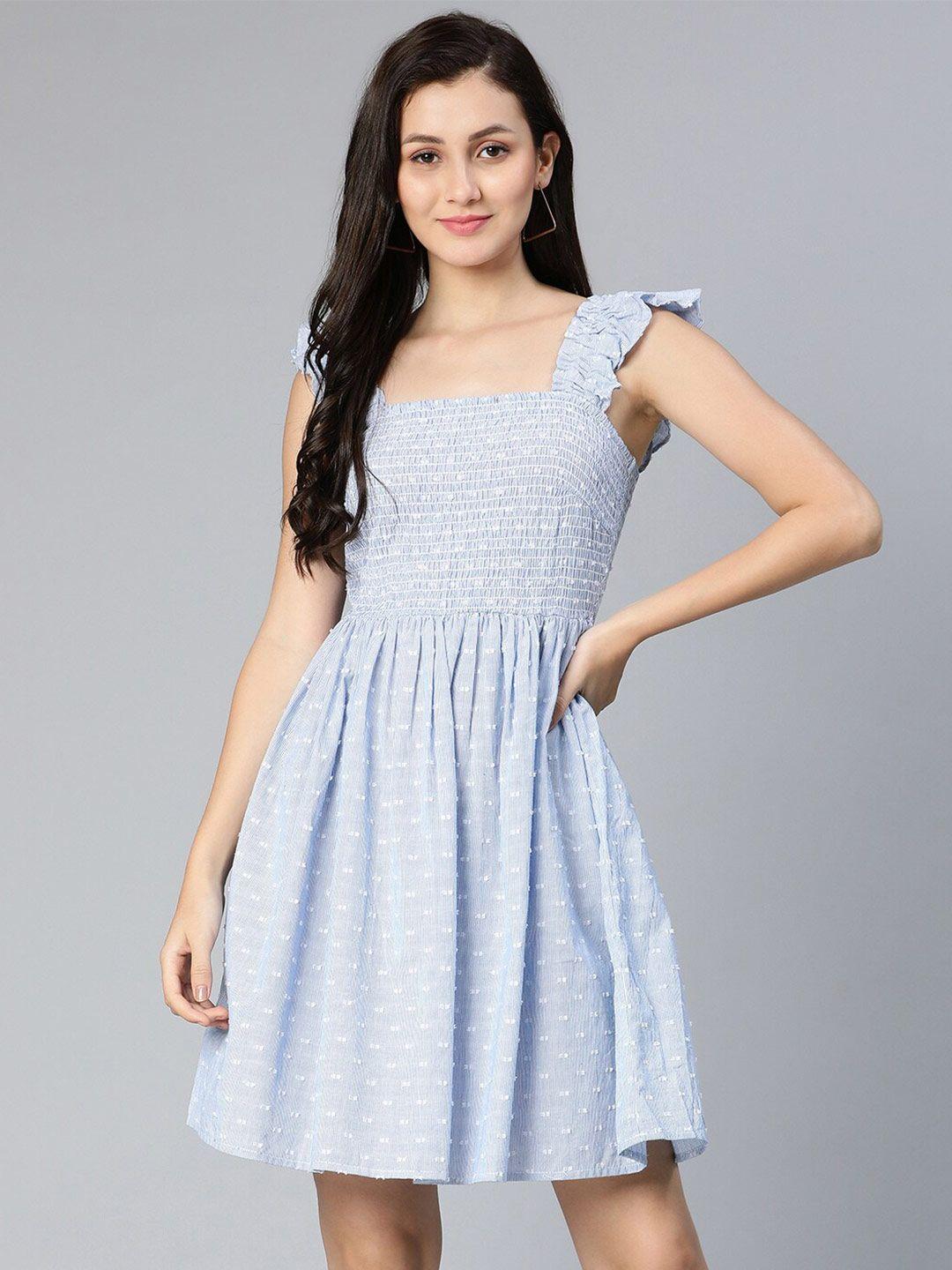 oxolloxo women blue floral striped printed smocked dress