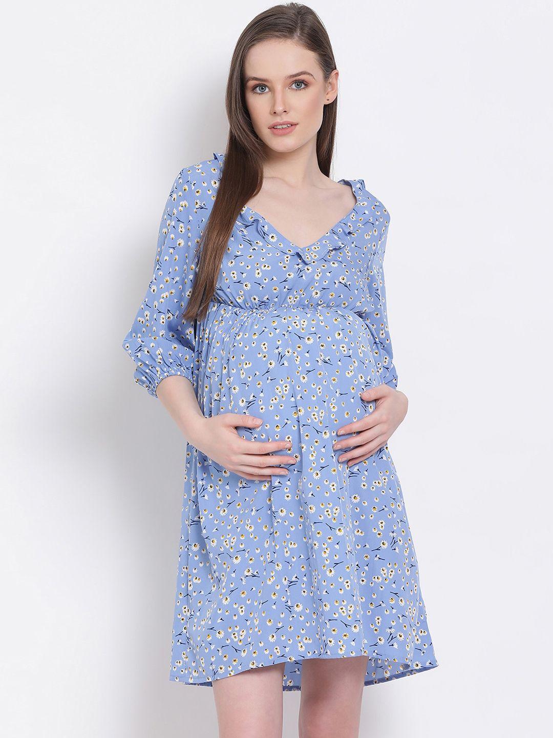 oxolloxo women blue printed fit and flare maternity dress