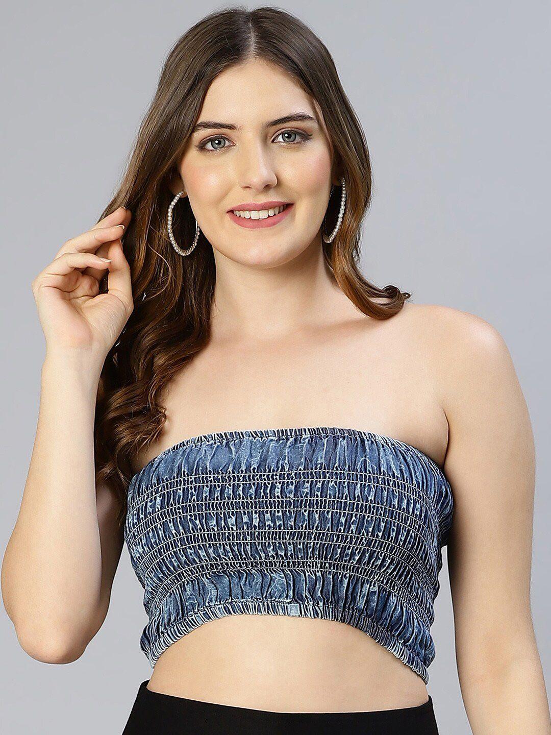 oxolloxo women blue smocked tube pure cotton crop top