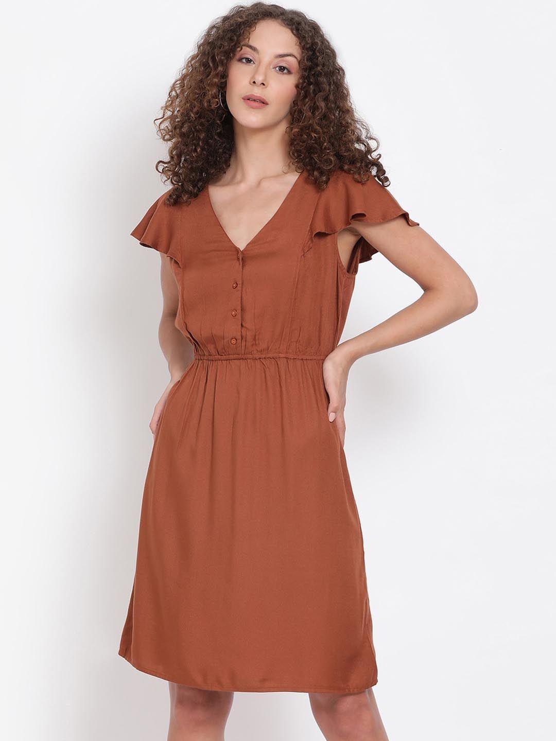 oxolloxo women brown solid fit and flare dress
