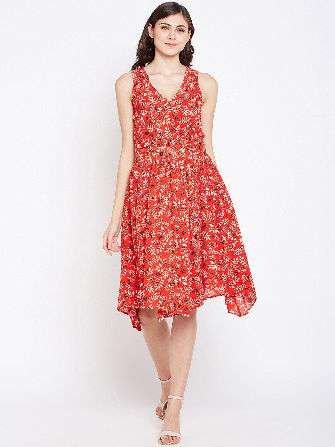oxolloxo women coral red & beige printed a-line dress