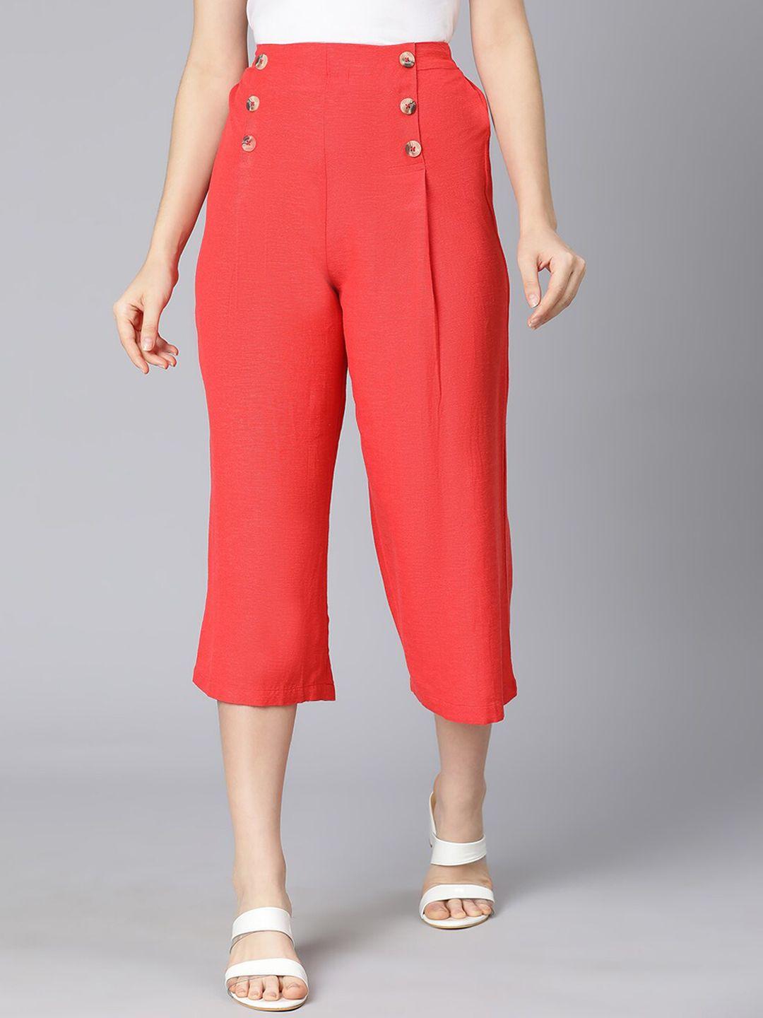oxolloxo women coral solid three fourth culottes trousers