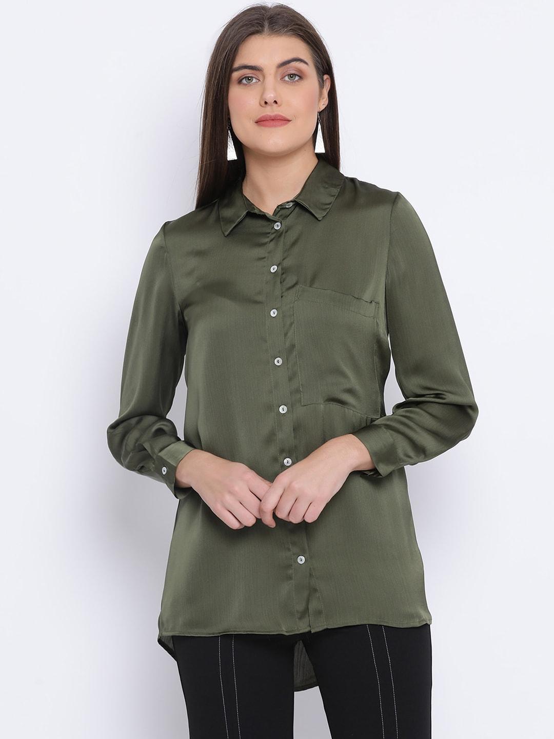 oxolloxo women green regular fit solid casual shirt