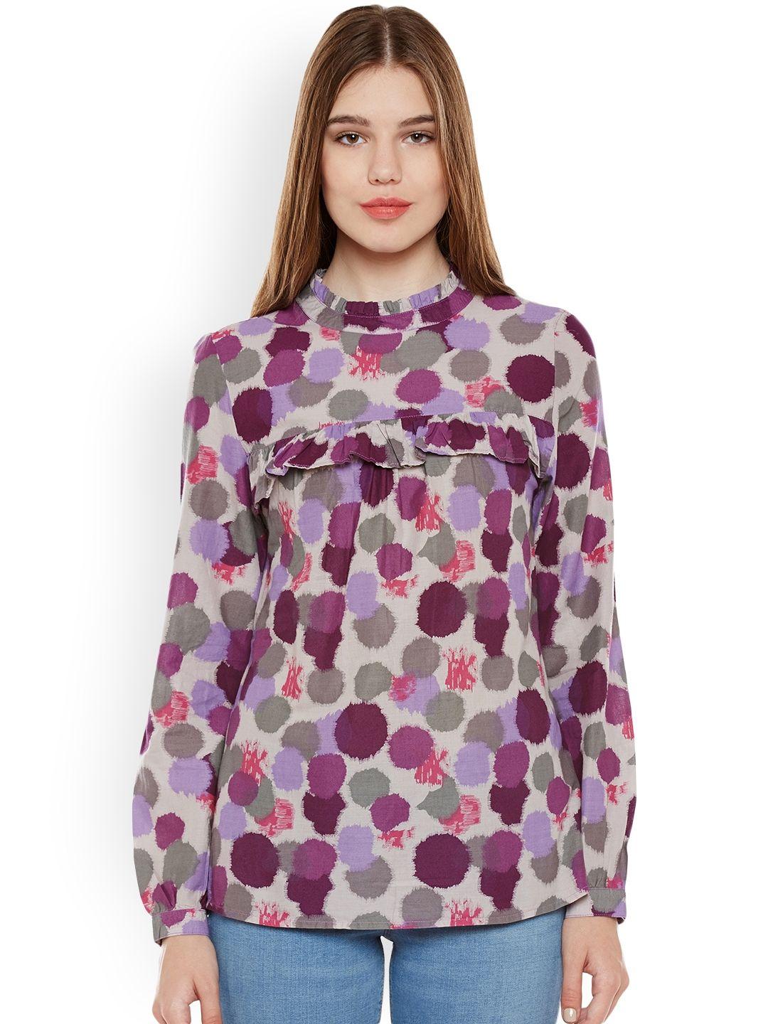 oxolloxo women grey & purple printed pure cotton top