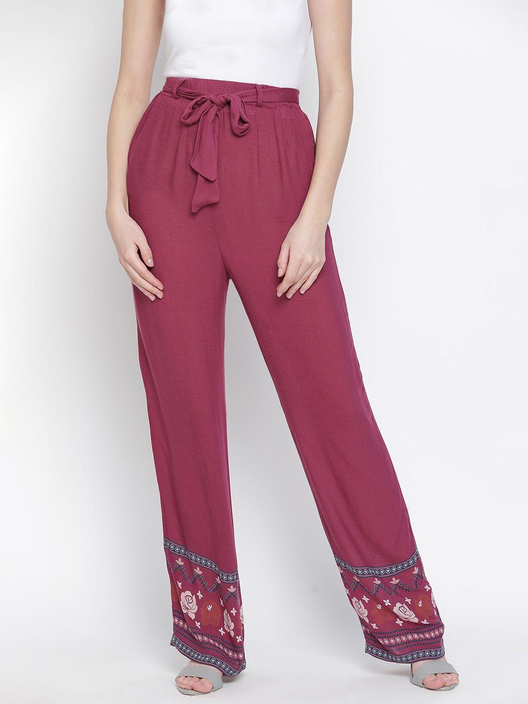 oxolloxo women maroon floral print trousers
