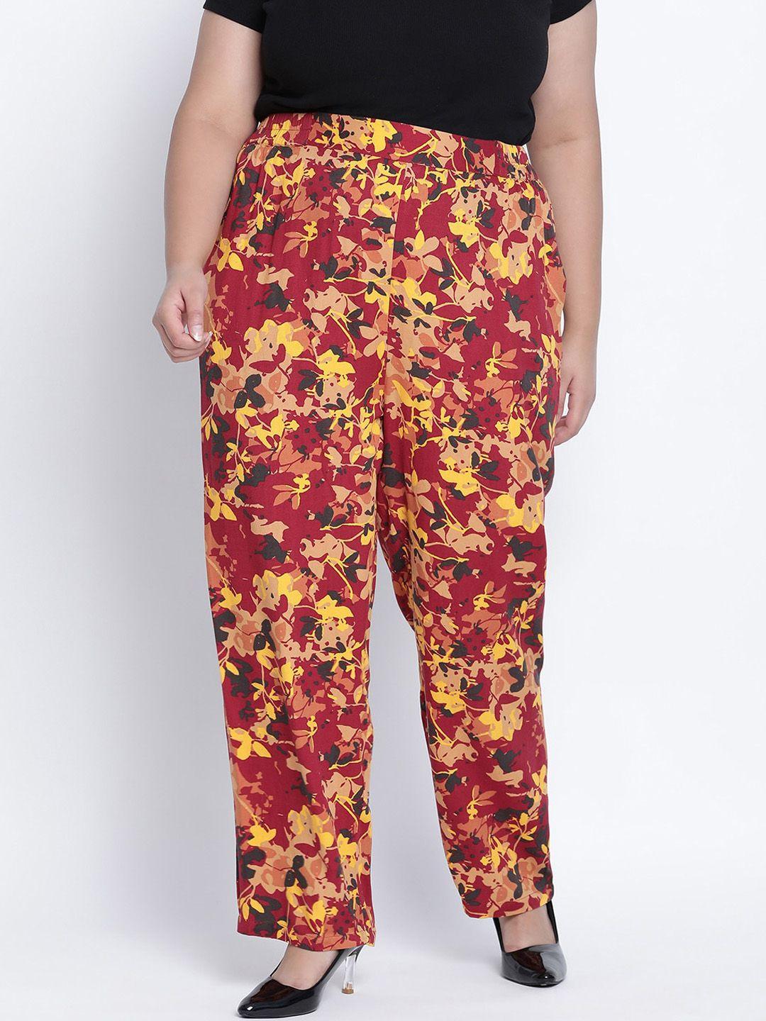 oxolloxo women maroon floral printed parallel trousers