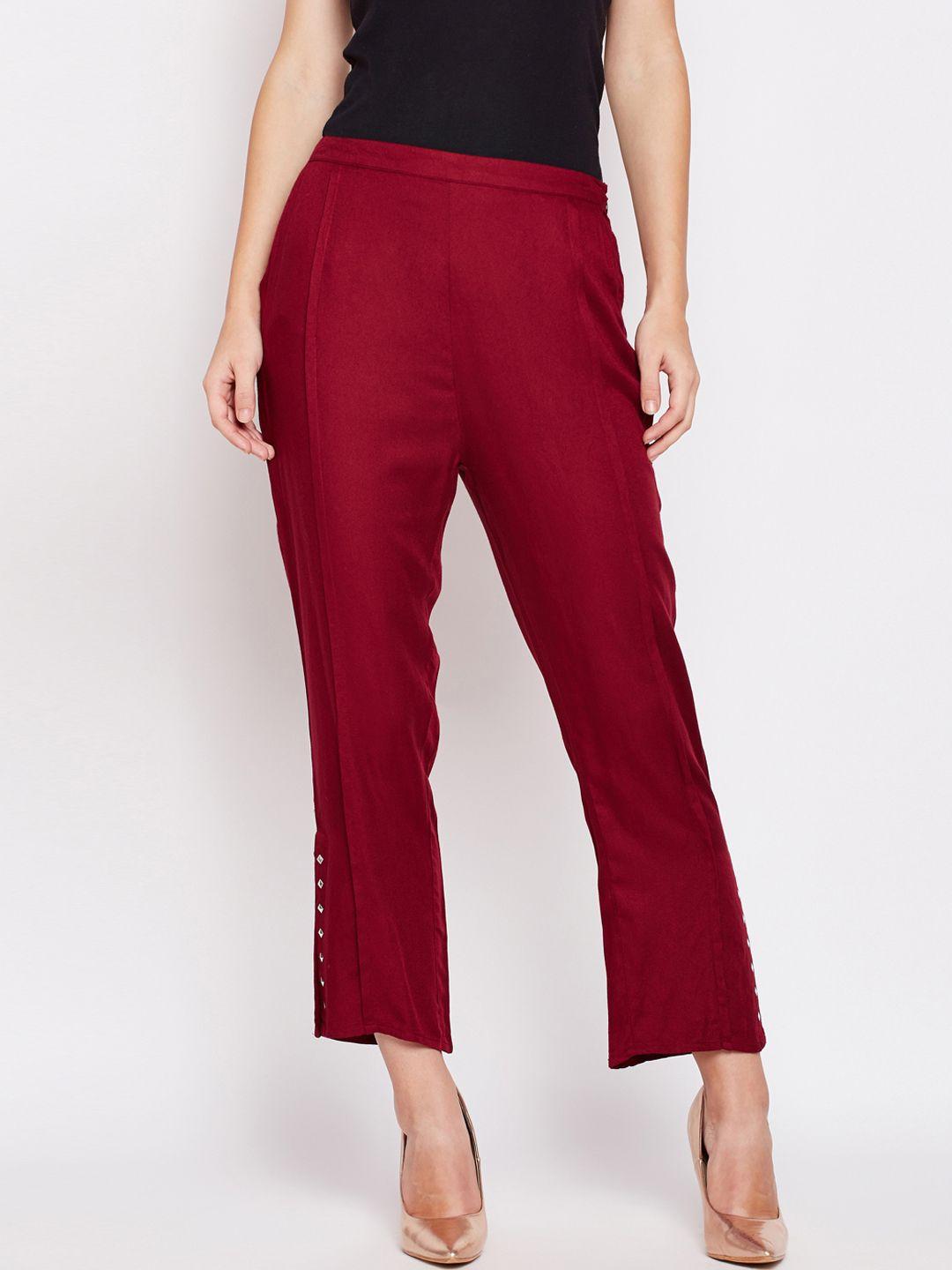 oxolloxo women maroon solid regular fit cropped trousers