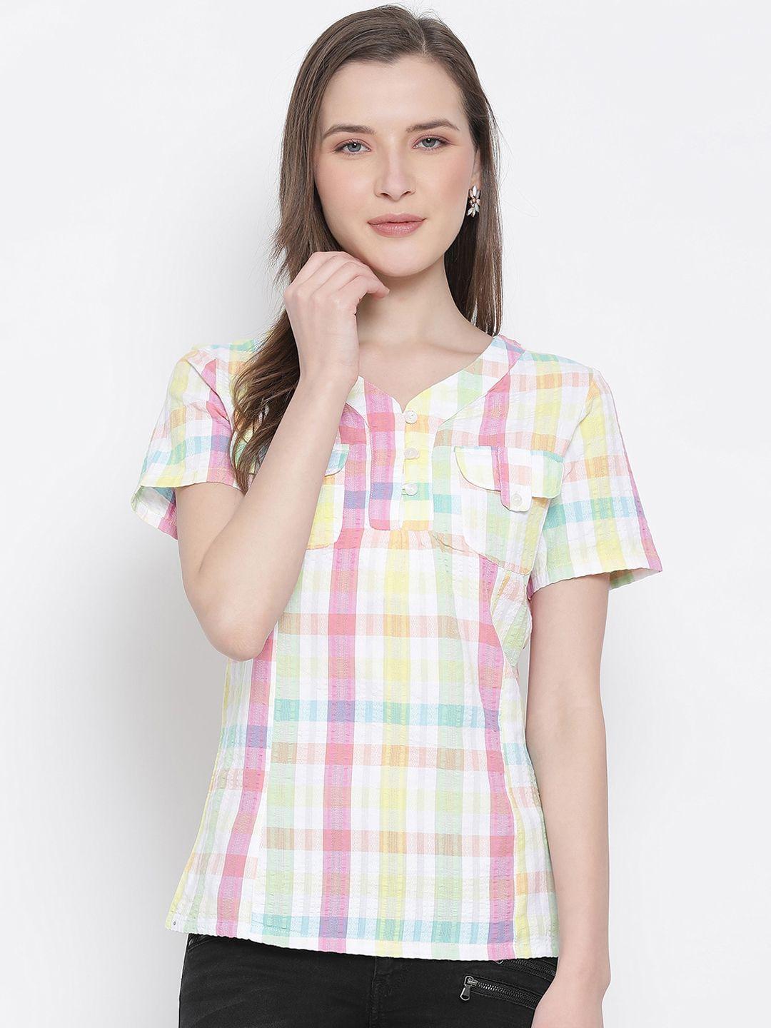 oxolloxo women multicoloured checked pure cotton regular top