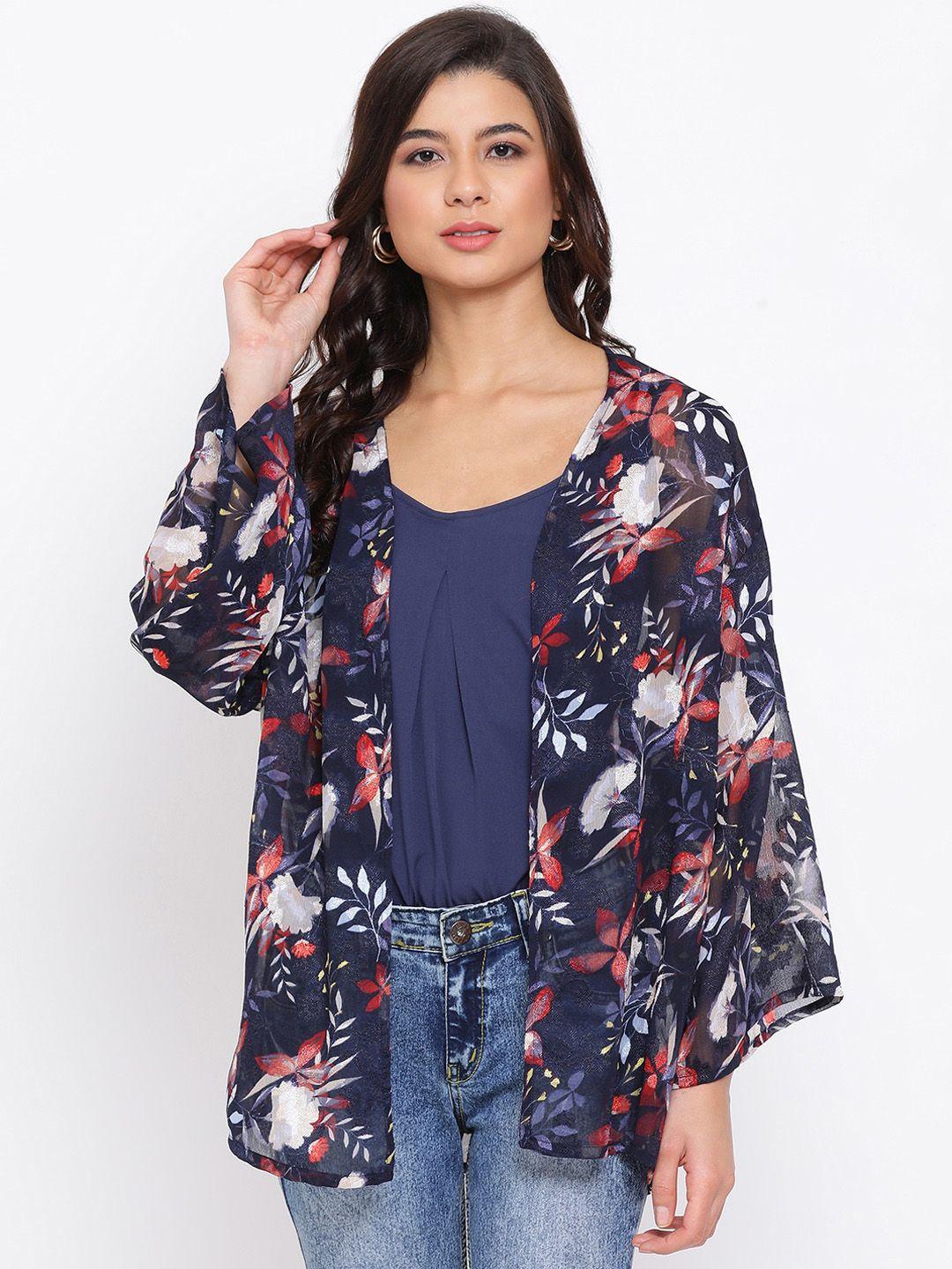 oxolloxo women navy blue & white printed shrug with camisole