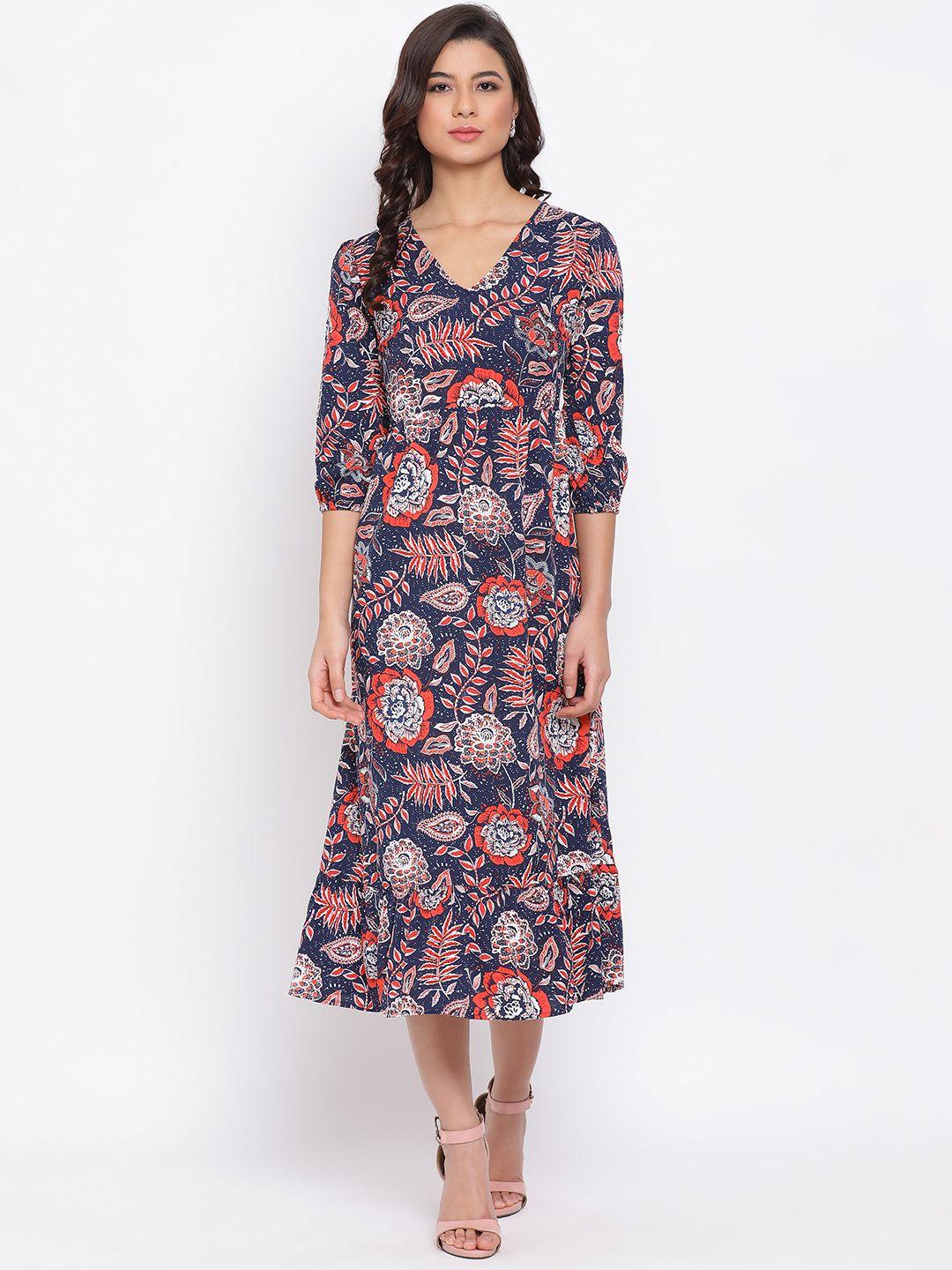 oxolloxo women navy blue printed a-line dress