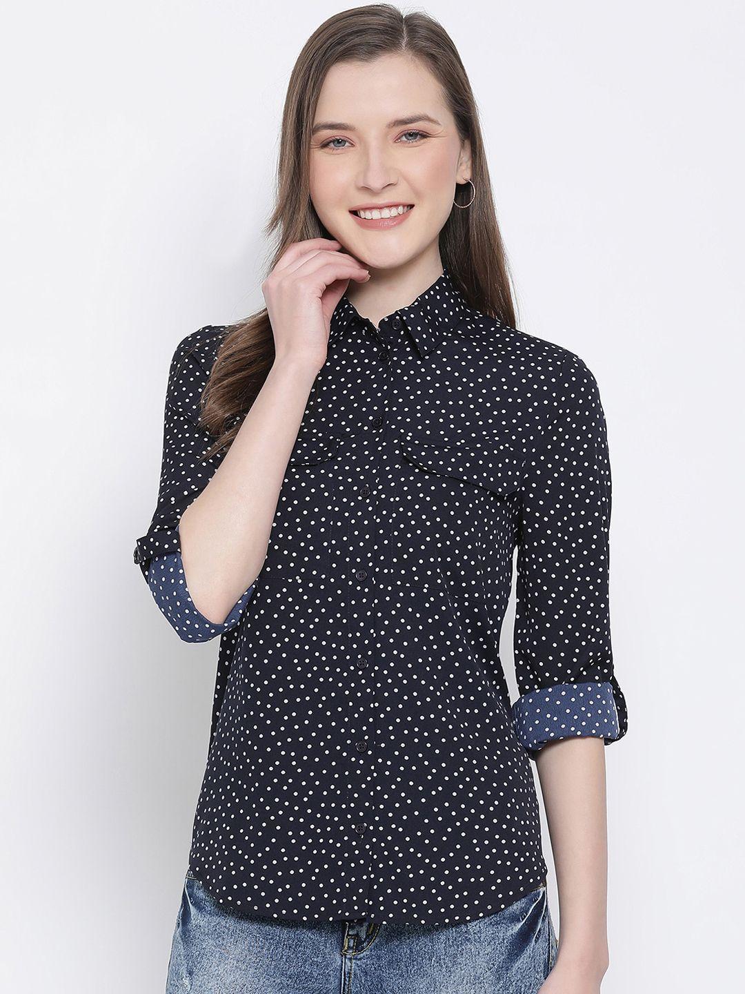 oxolloxo women navy blue regular fit polka print casual shirt