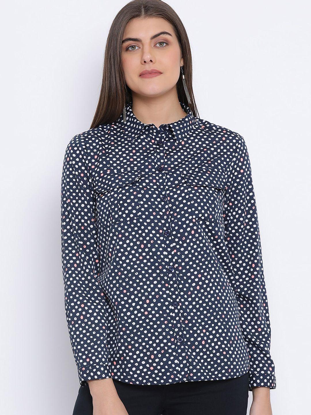 oxolloxo women navy blue regular fit printed casual shirt