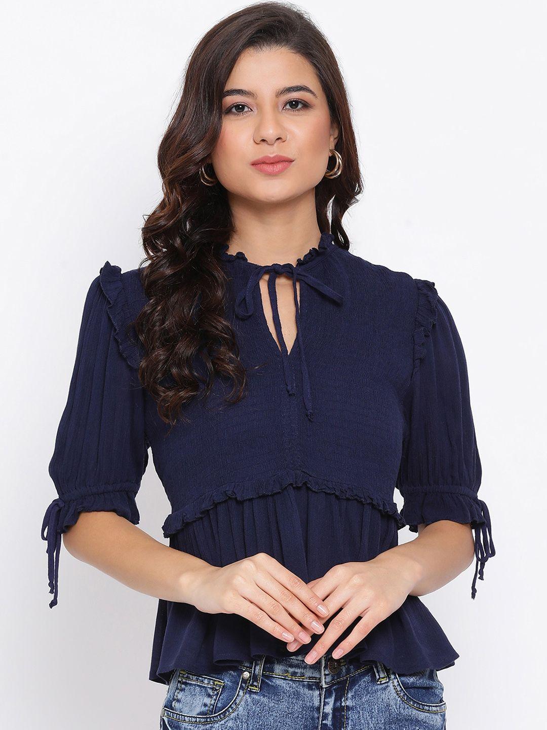 oxolloxo women navy blue solid dobby peplum top