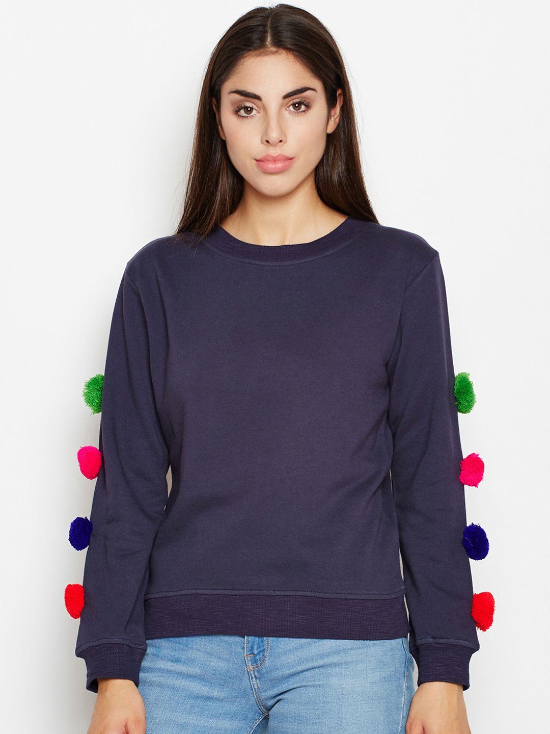 oxolloxo women navy blue solid sweatshirt