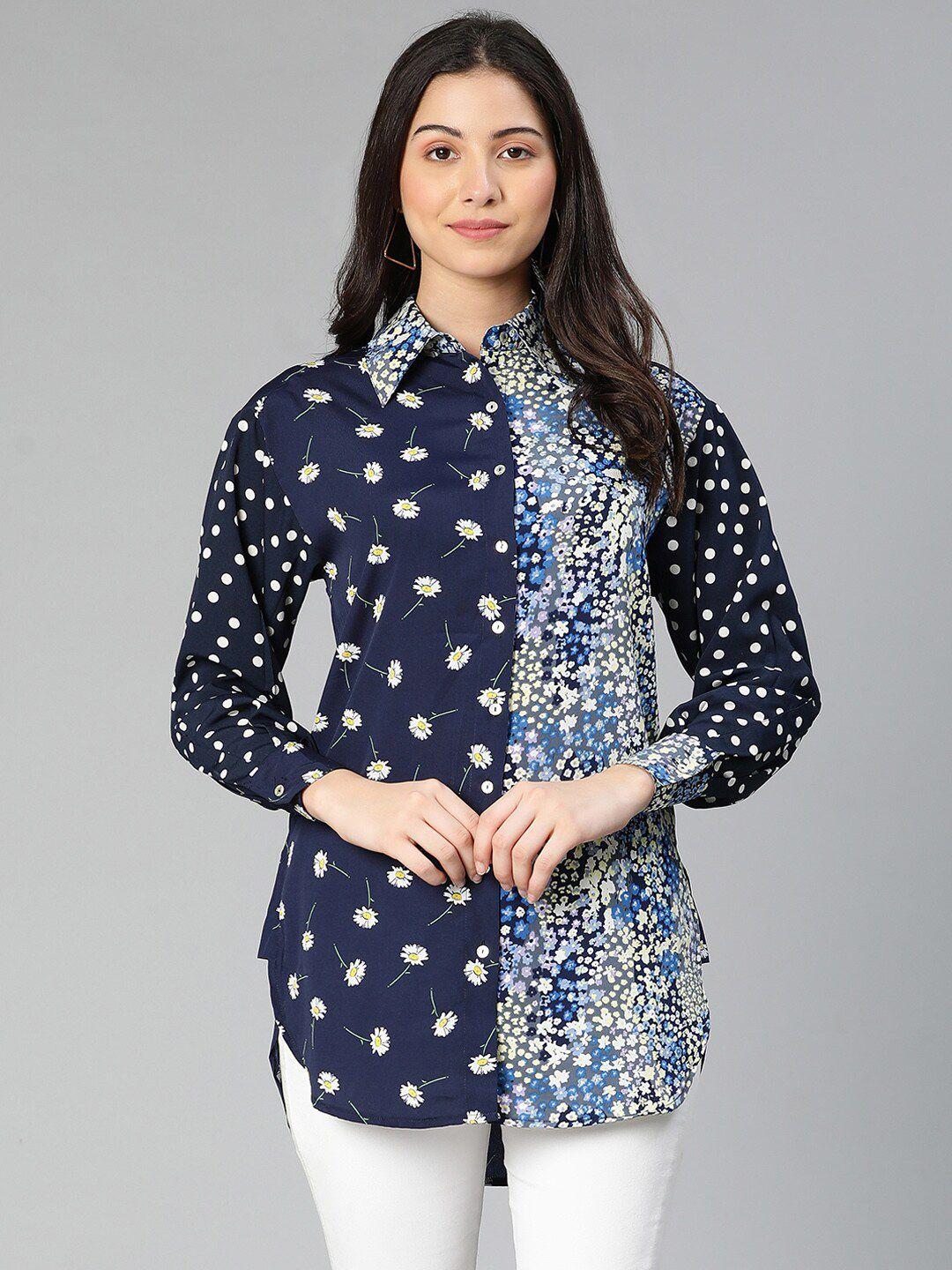 oxolloxo women navy blue standard floral printed casual shirt