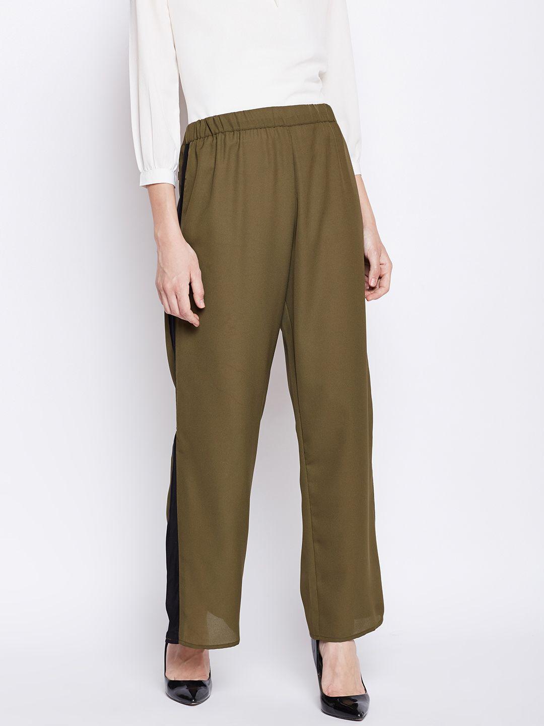 oxolloxo women olive green & black solid parallel trousers