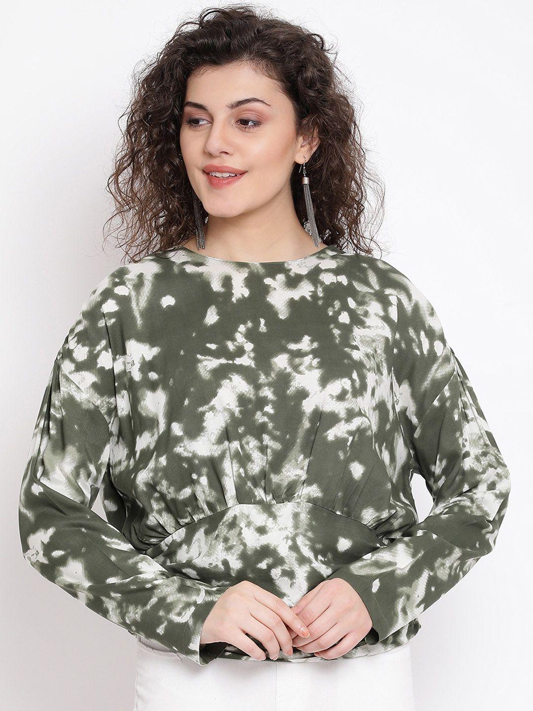 oxolloxo women olive green & white tie & dye printed top