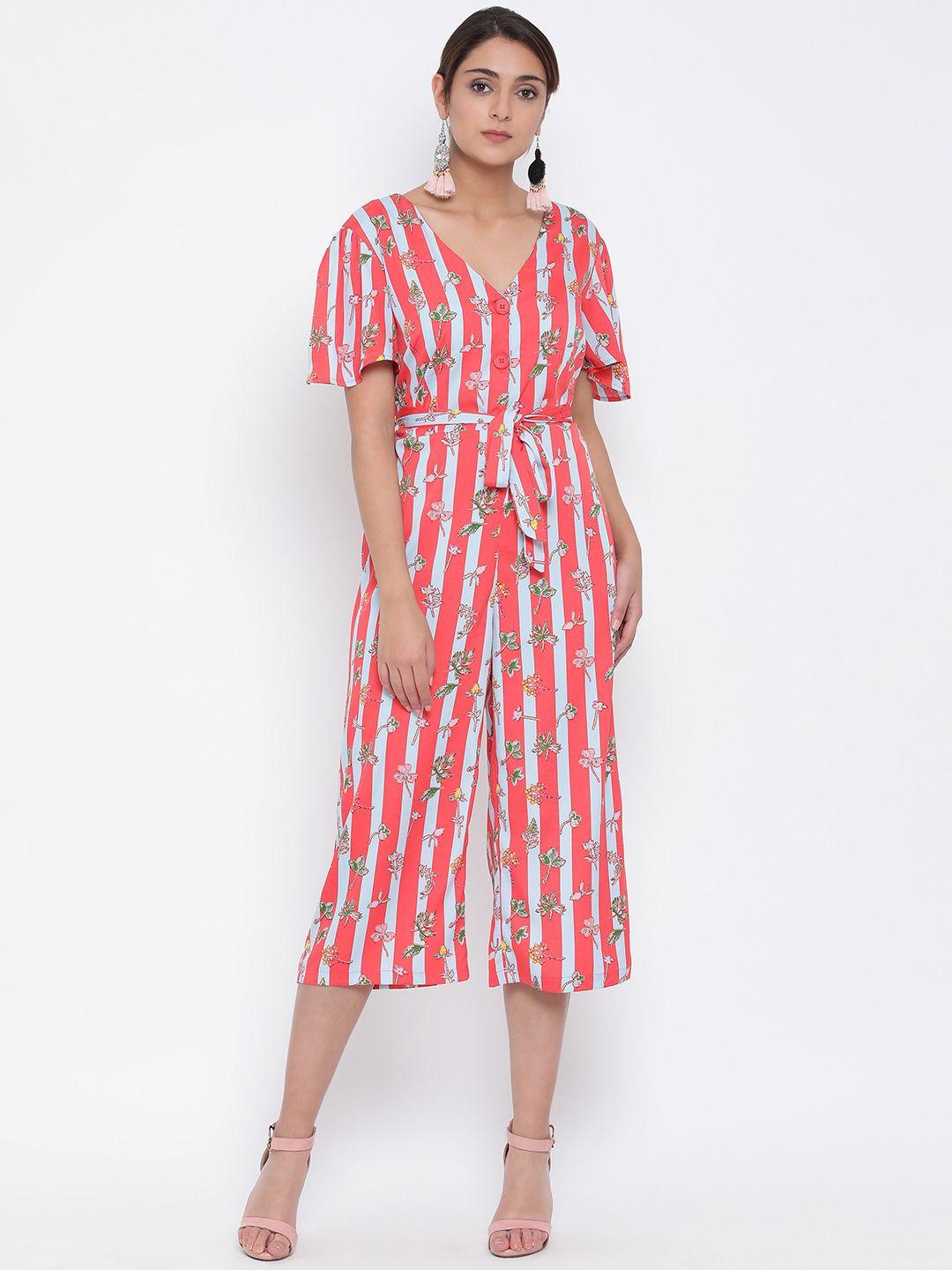 oxolloxo women pink & white printed culotte jumpsuit