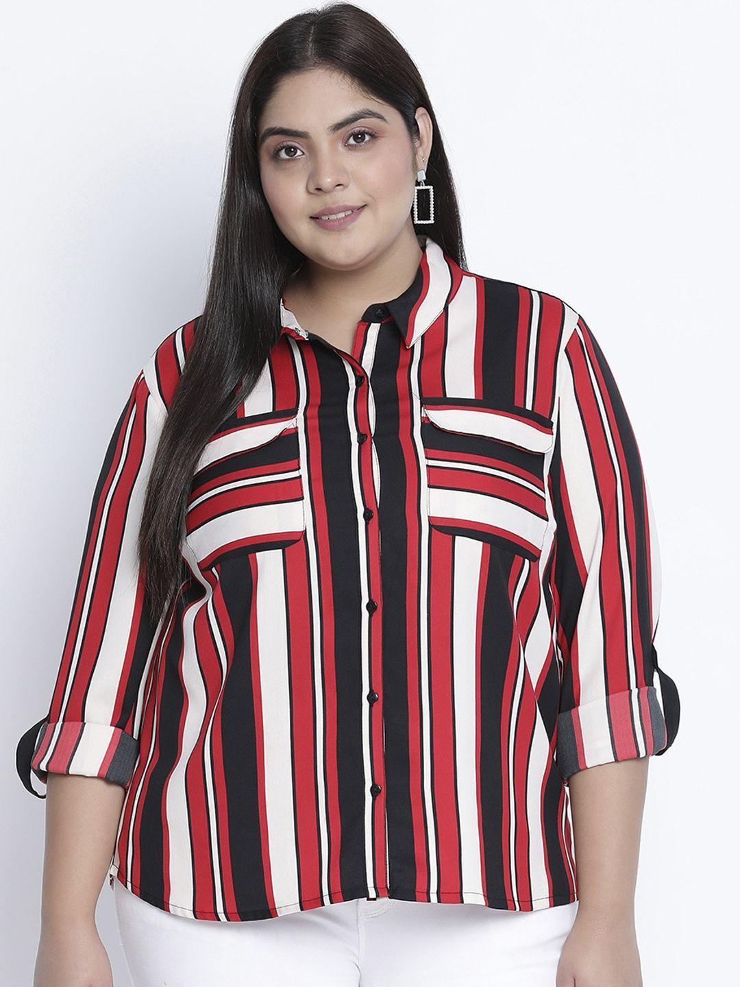oxolloxo women plus size  red & white classic semi sheer striped casual shirt