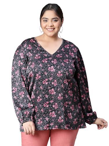 oxolloxo women plus size black floral print v-neck long sleeve top