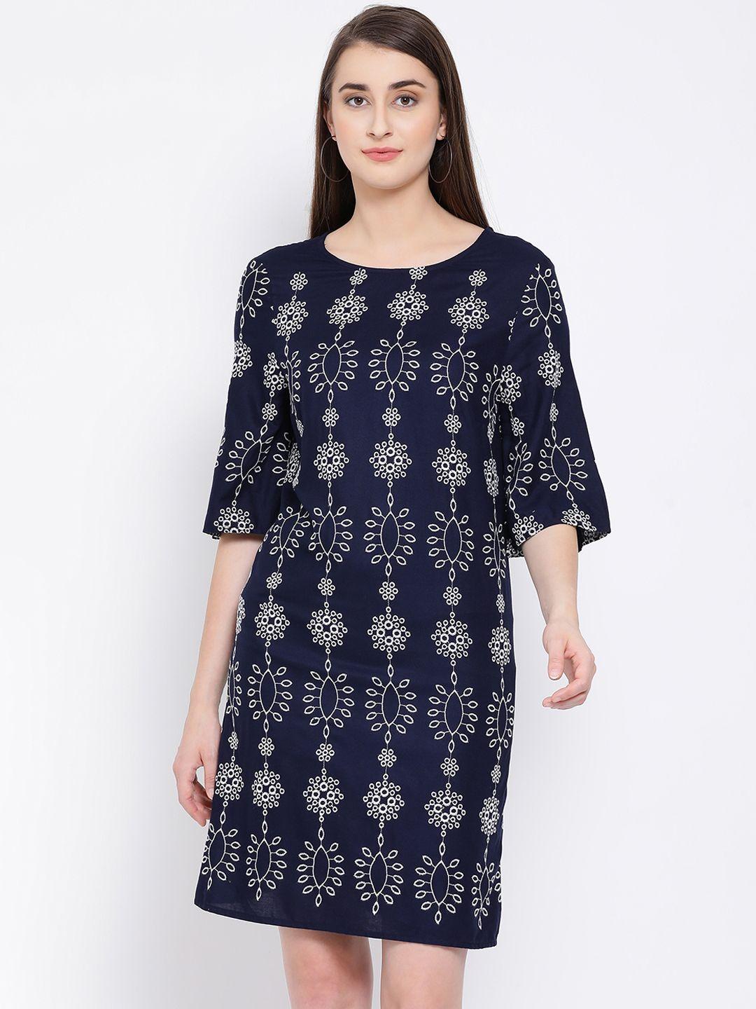 oxolloxo women printed navy blue a-line dress