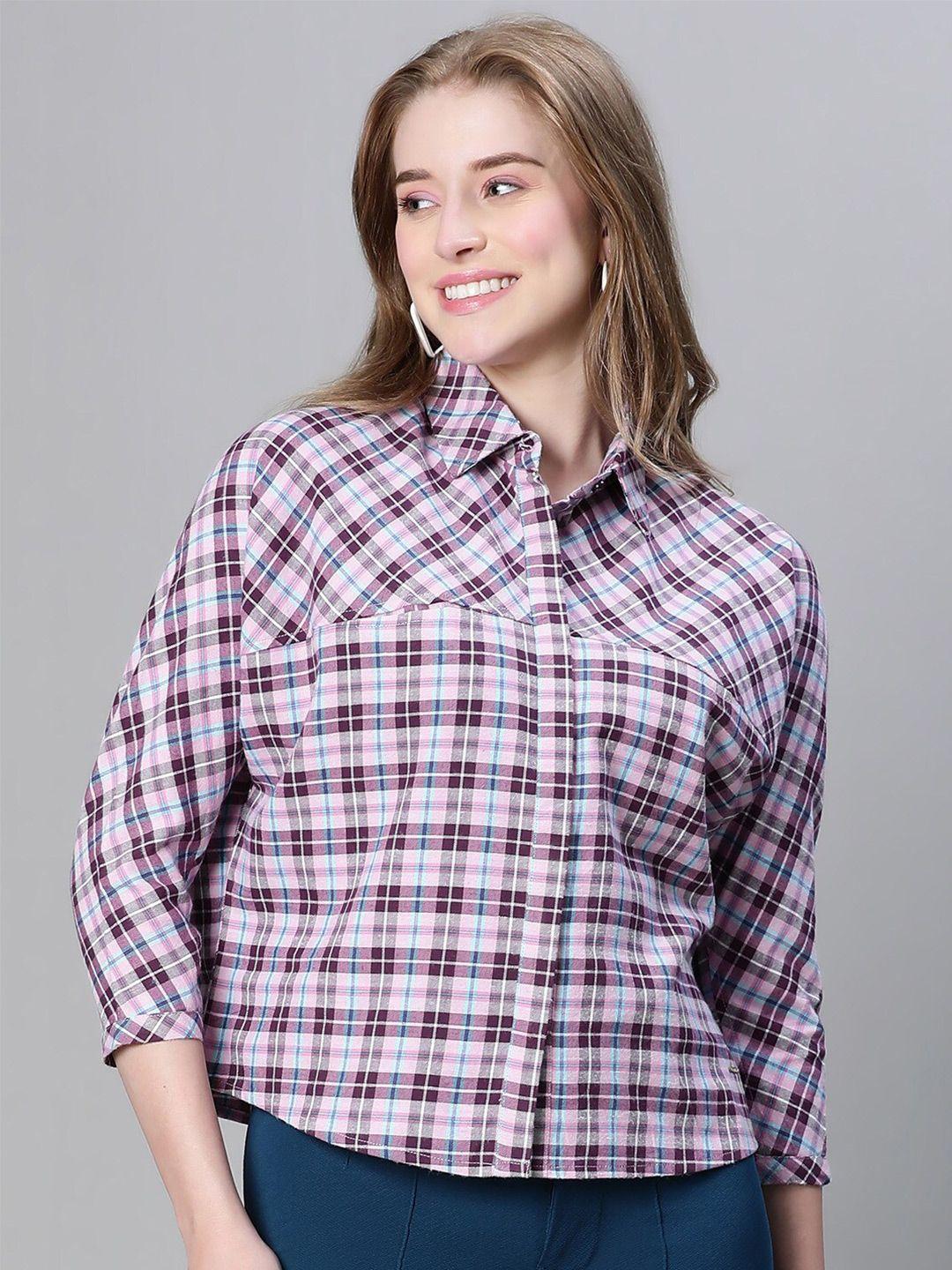 oxolloxo women purple relaxed boxy opaque checked casual shirt