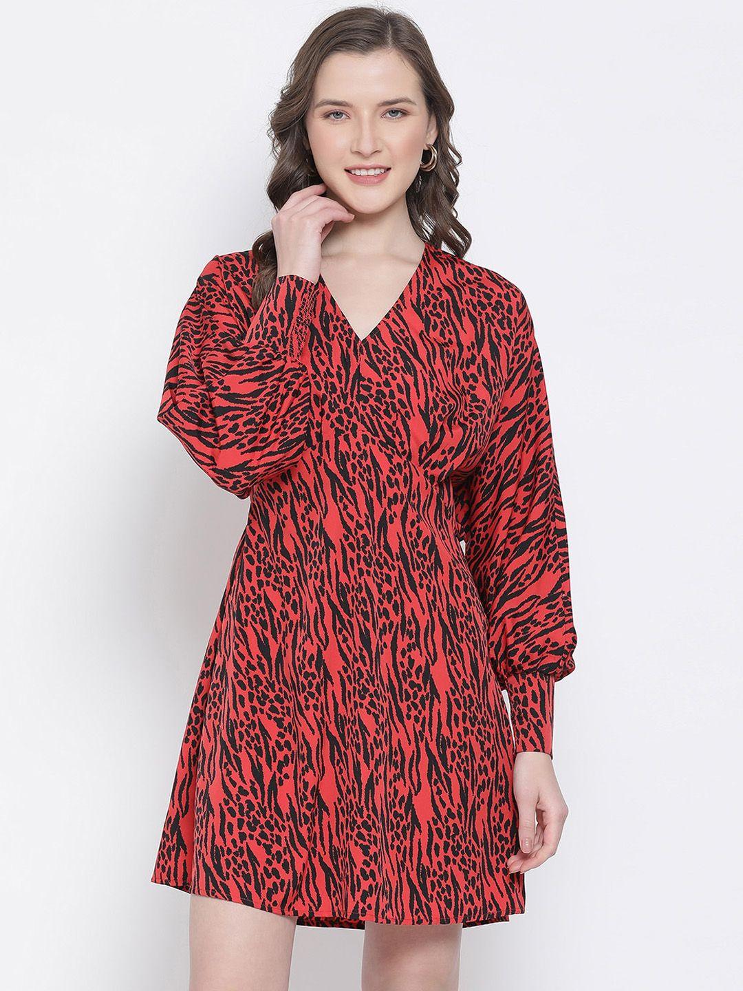 oxolloxo women red & black animal printed fit & flare dress