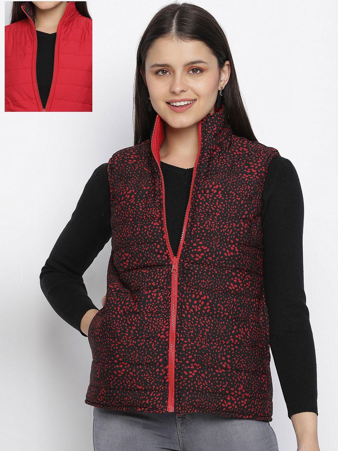 oxolloxo women red & black printed reversible quilted jacket