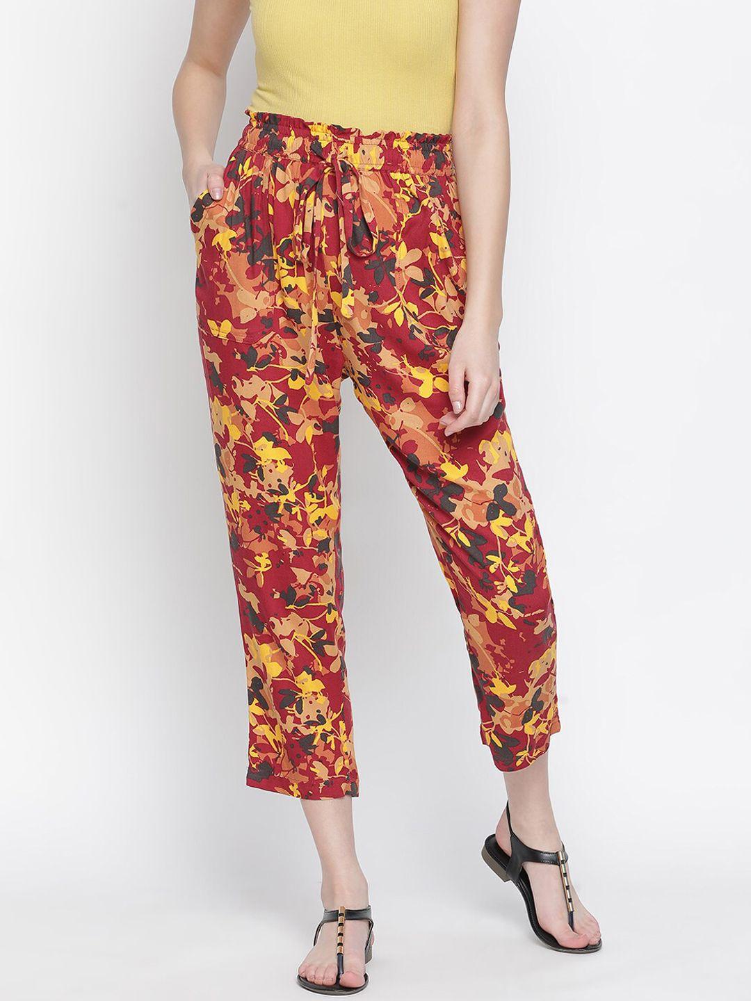 oxolloxo women red abstract printed pleated trousers