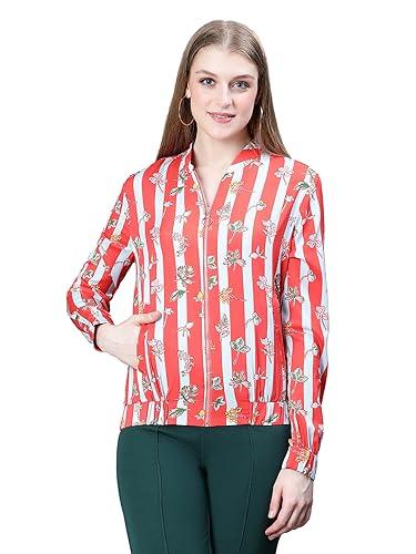 oxolloxo women red multi style printed round neck zip lined long sleeve elasticated bomber jacket