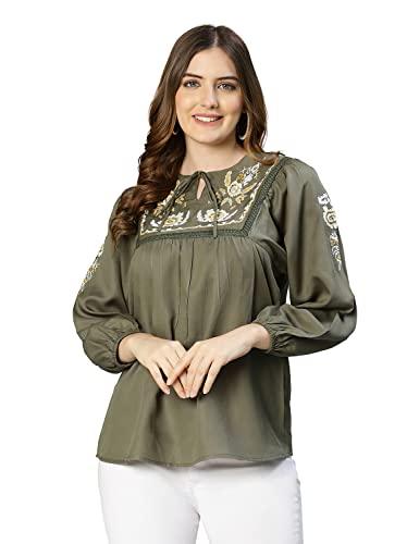 oxolloxo women regular fit viscose regular sleeves embroidery casual khaki top