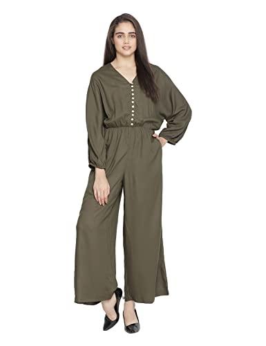 oxolloxo women regular fit viscose regular sleeves solid casual khaki jumpsuit