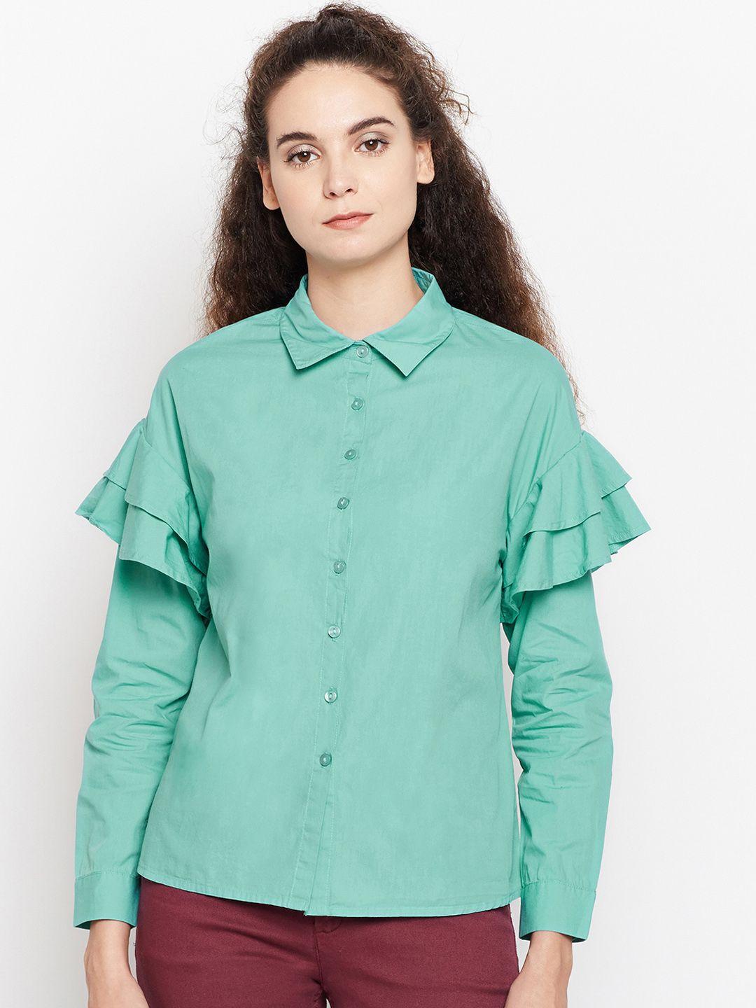 oxolloxo women sea green ruffled regular fit solid casual shirt