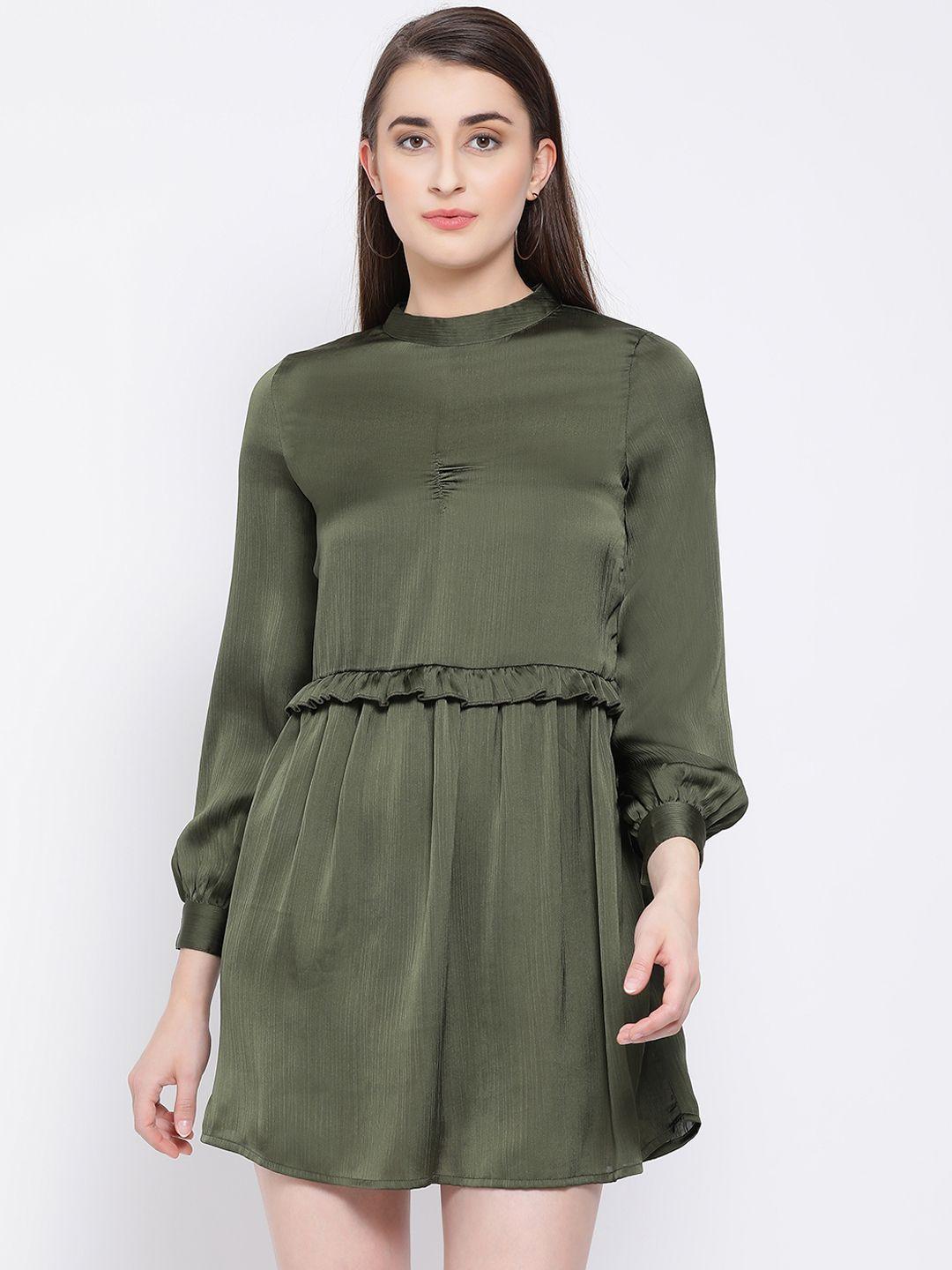 oxolloxo women solid olive green fit and flare dress