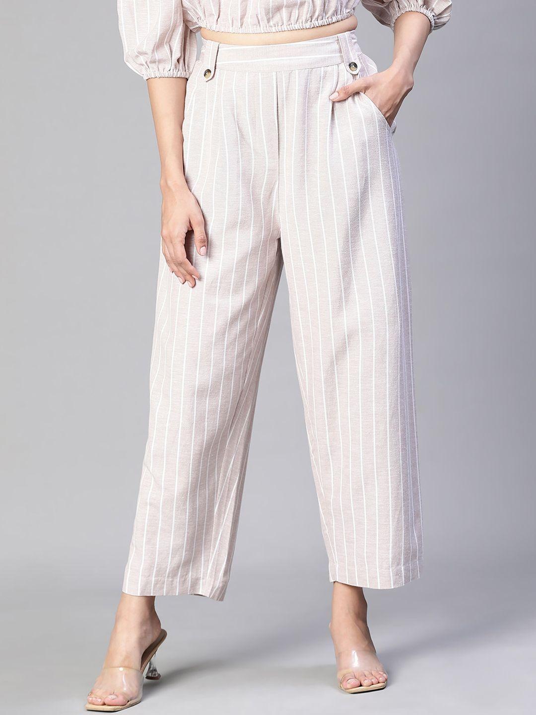 oxolloxo women striped relaxed loose fit easy wash pleated cotton trousers