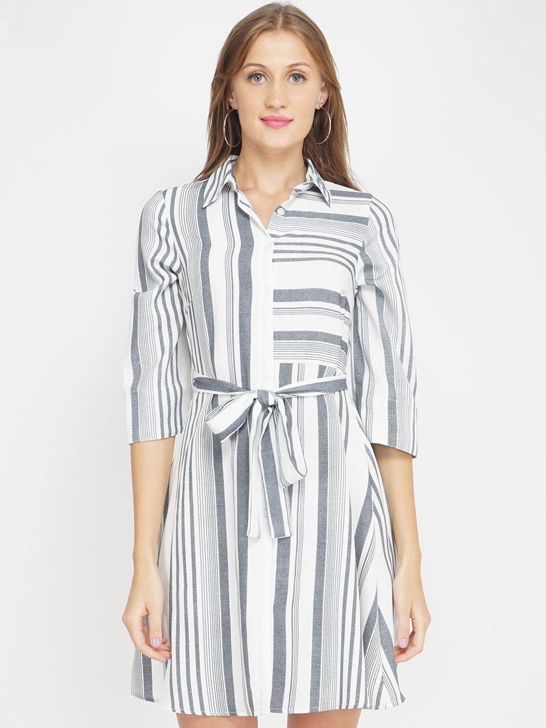oxolloxo women white & grey striped crepe shirt dress