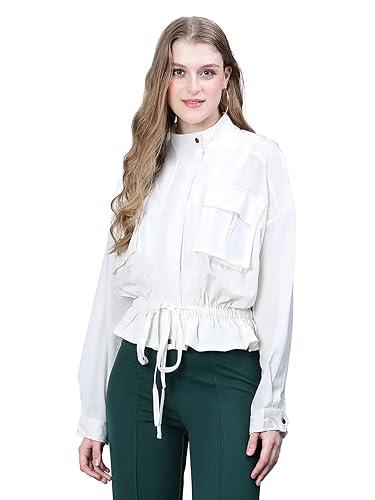 oxolloxo women white high neck long sleeve elasticated tie-knotted baggy style bomber jacket