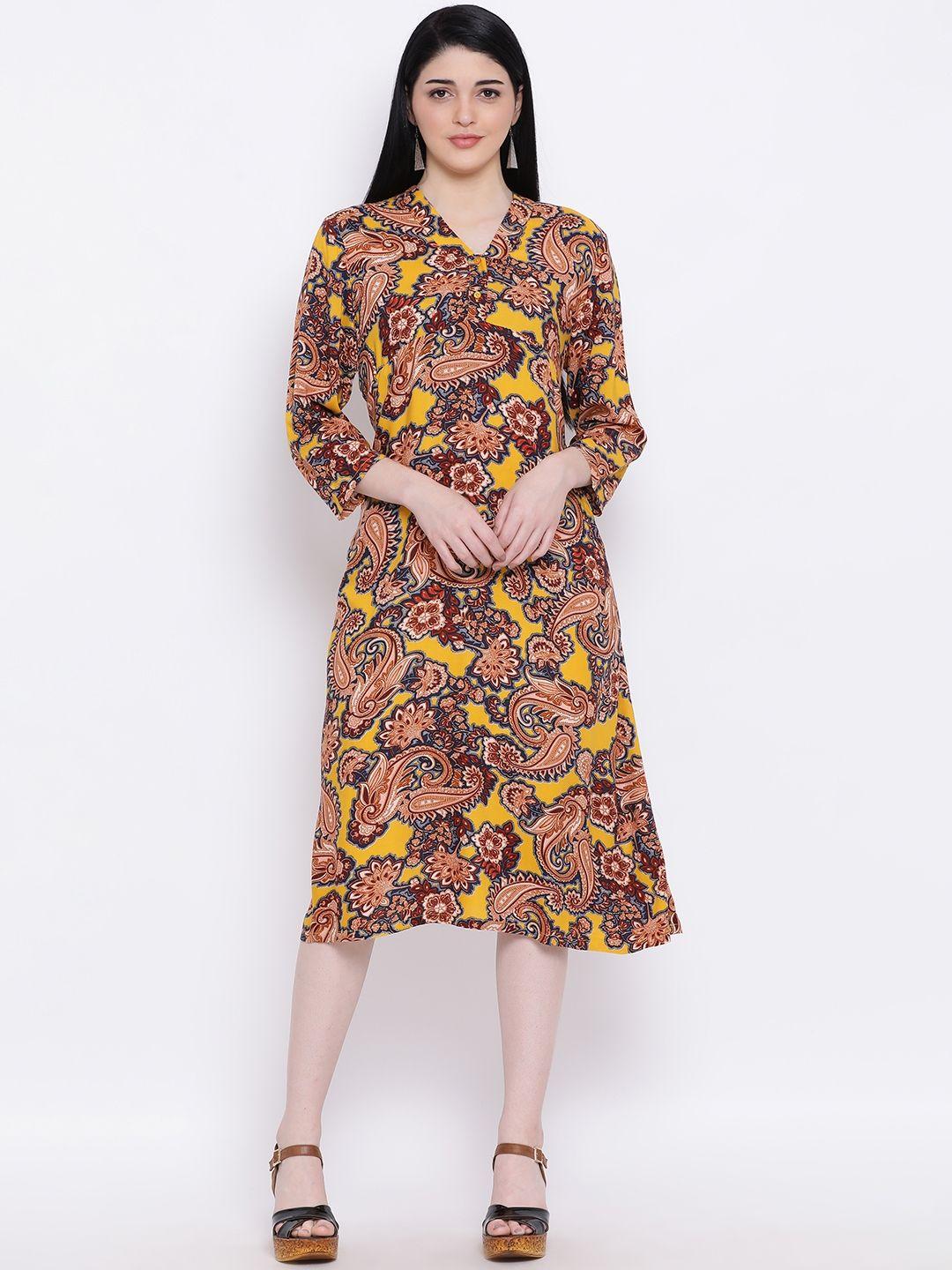 oxolloxo women yellow & brown printed a-line dress