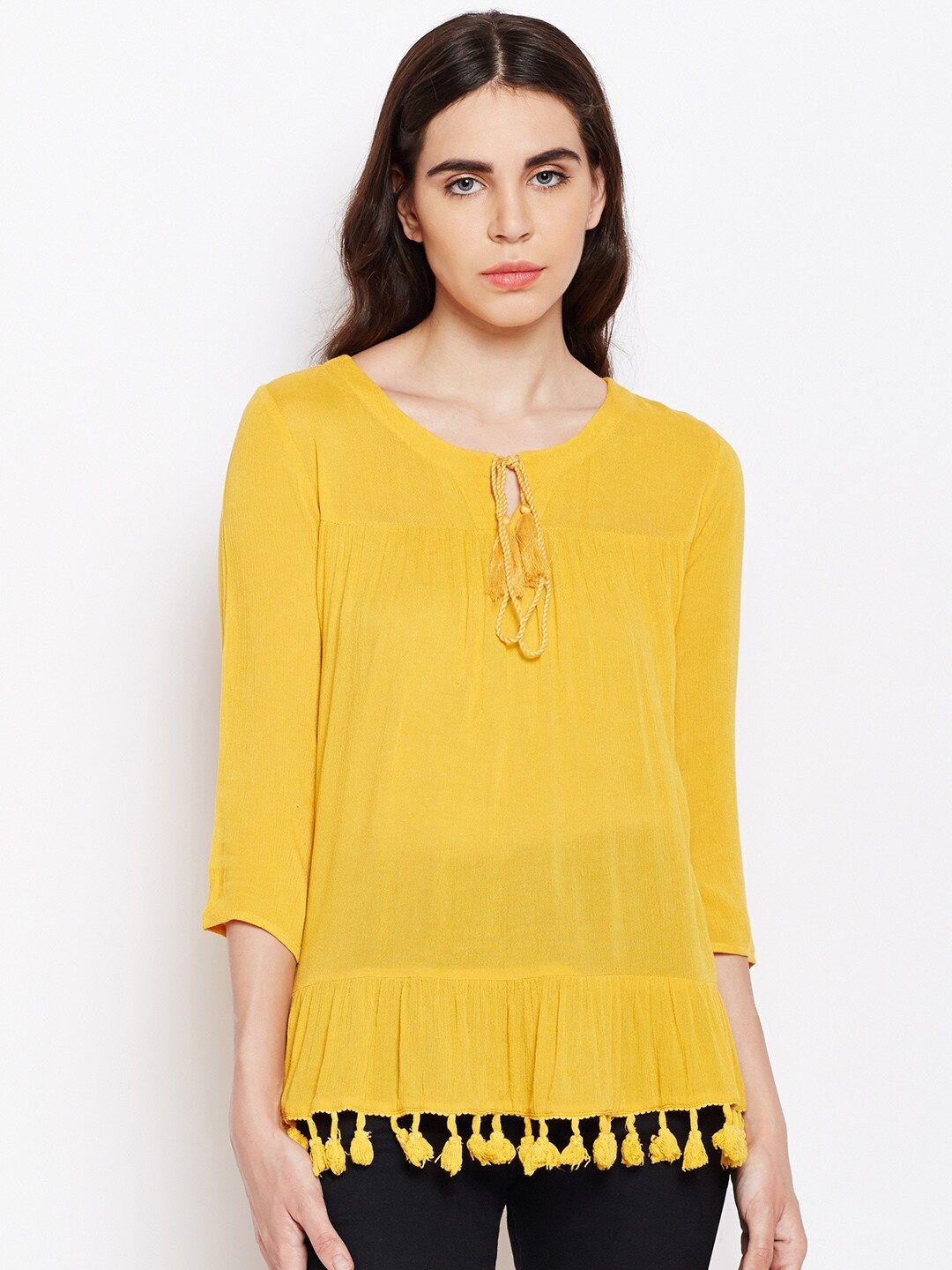 oxolloxo women yellow solid crepe tassel detail top