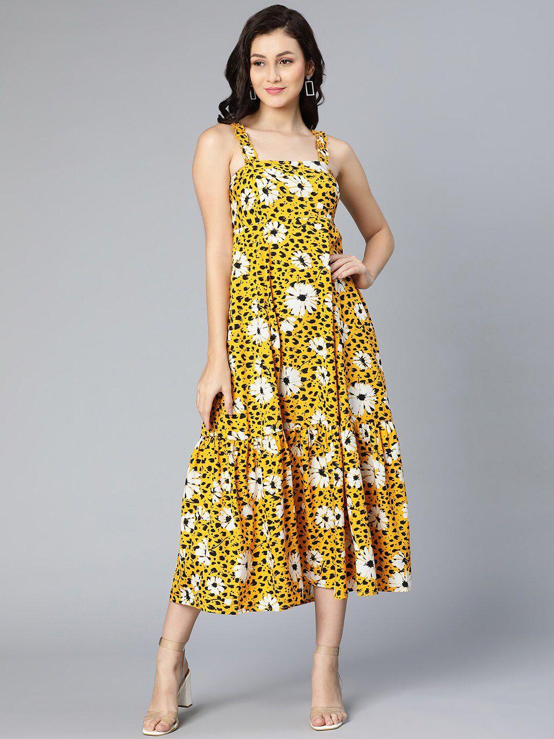 oxolloxo yellow & black floral satin midi dress