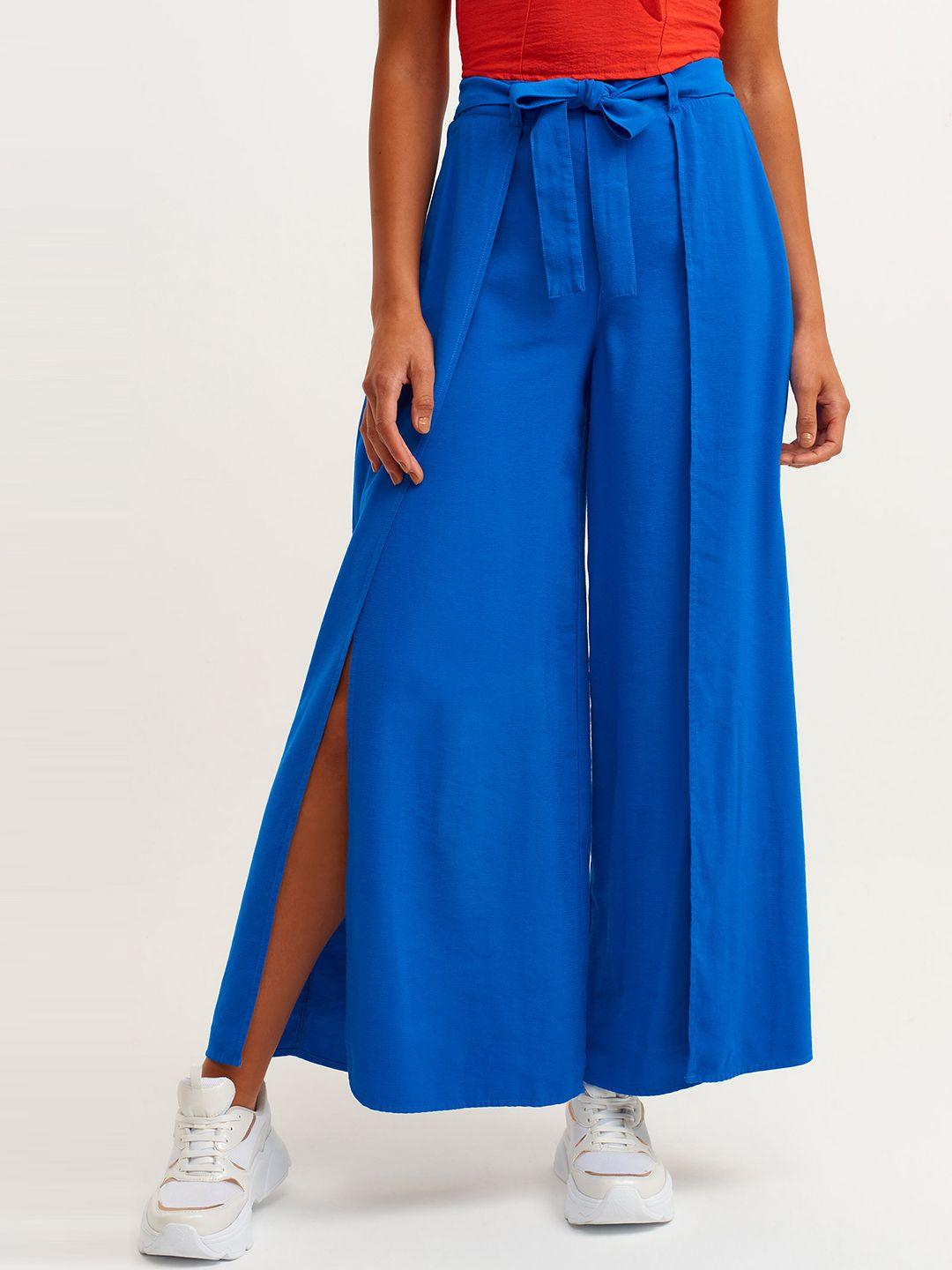 oxxo city collection women blue solid flared high-rise pleated trousers